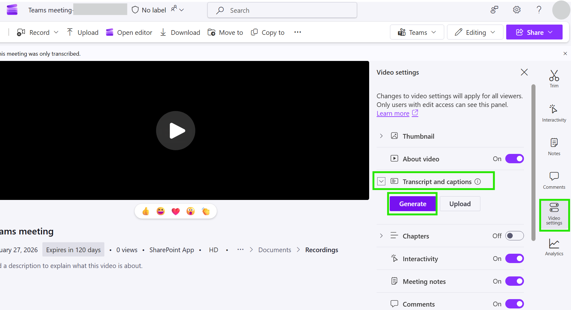 HOw do I turn a teams recoding into transcript from media player ...