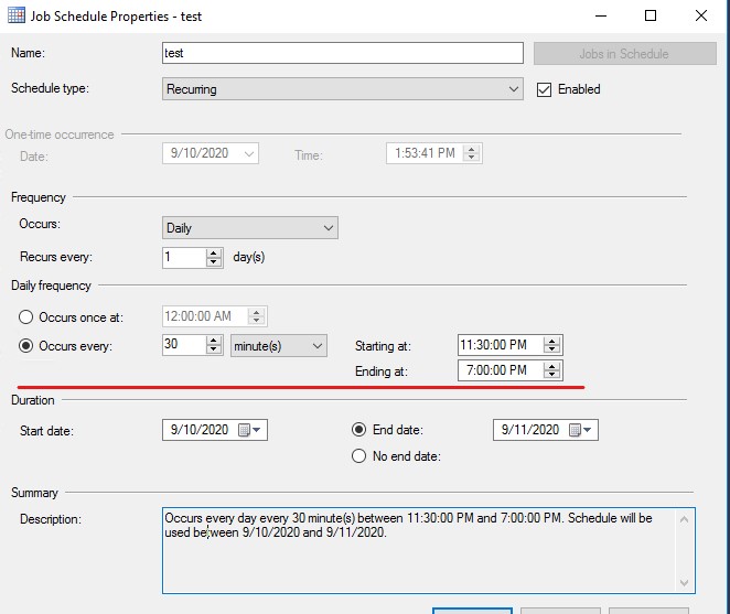 how-to-run-sql-agent-job-in-ssms-every-30-minutes-except-during-a