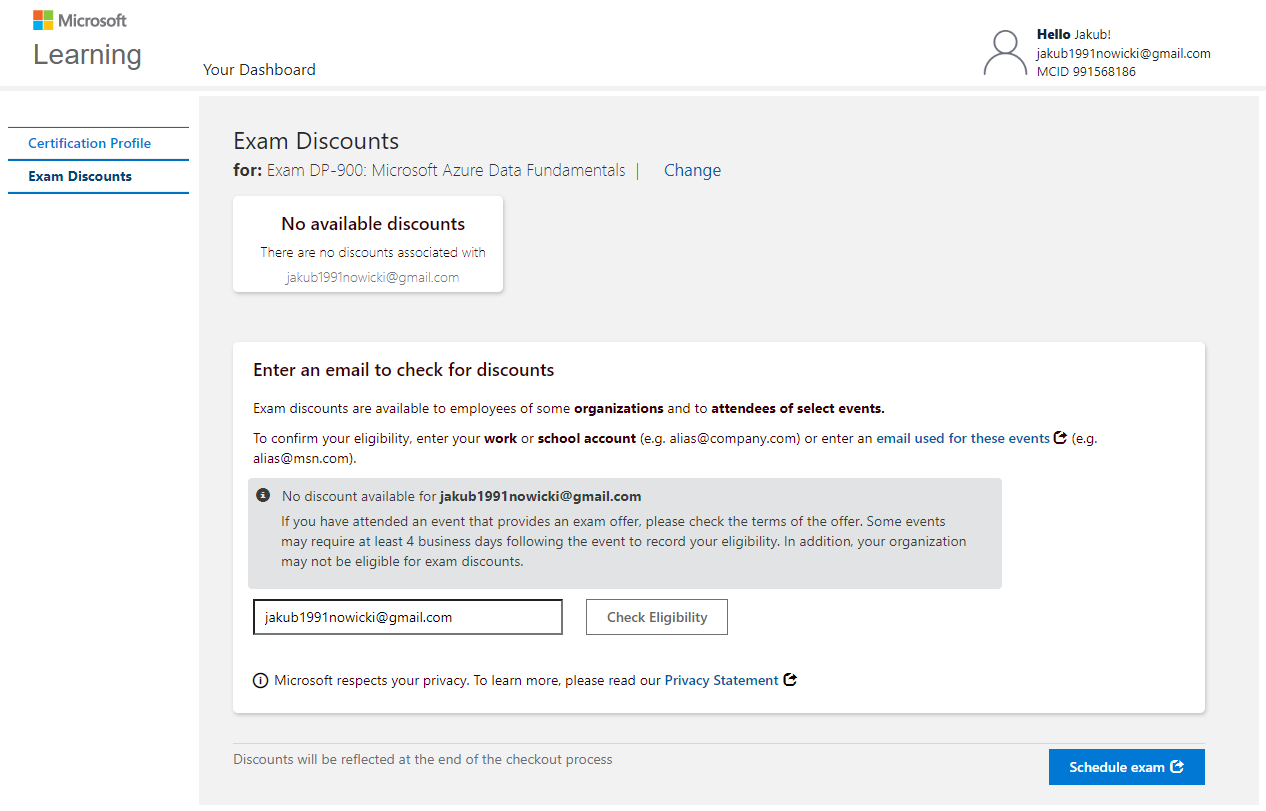 Microsoft Discount Program Email Exam discount is not available even though it was available till 6/30 ...