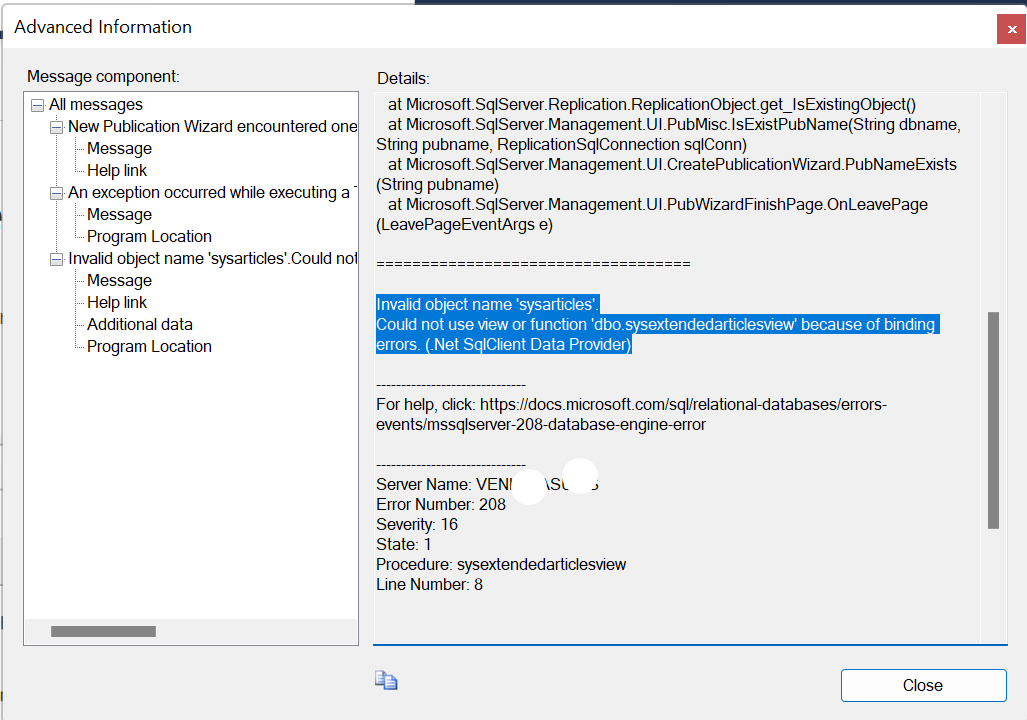 Invalid object name 'sysarticles'.(Microsoft.SqlServer.SmoExtended ...