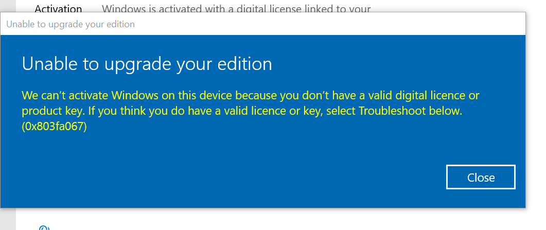error-0x803fa067 while upgrading to Windows 10 Pro. - Microsoft Q&A