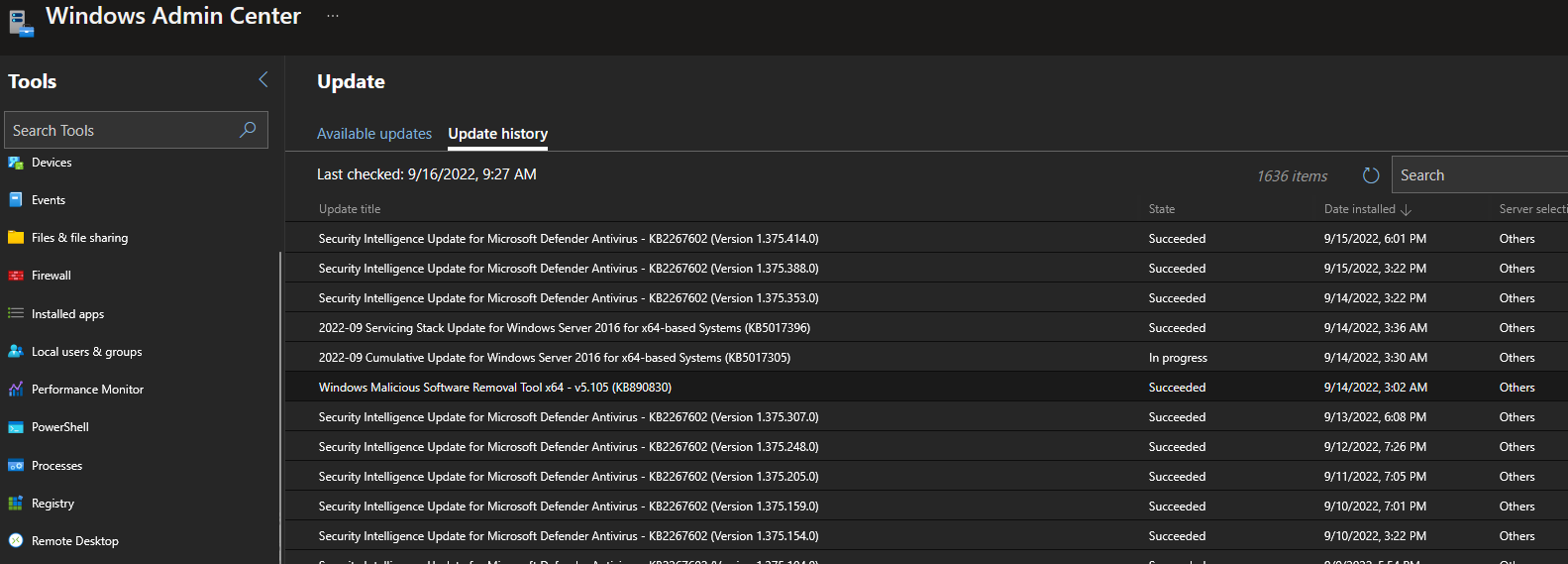 Export Windows Update History from Azure Windows Admin Center