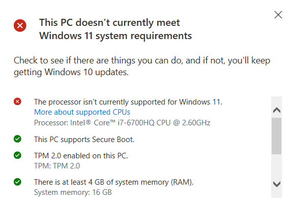 Why Windows 11 does not support Intel Core i7-6700HQ CPU @ 2.60 