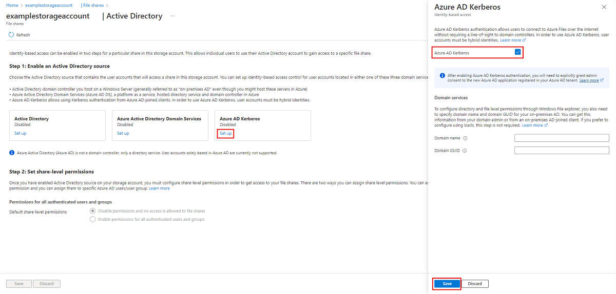 Screenshot of the Azure portal showing Active Directory configuration settings for a storage account. Microsoft Entra Kerberos is selected.