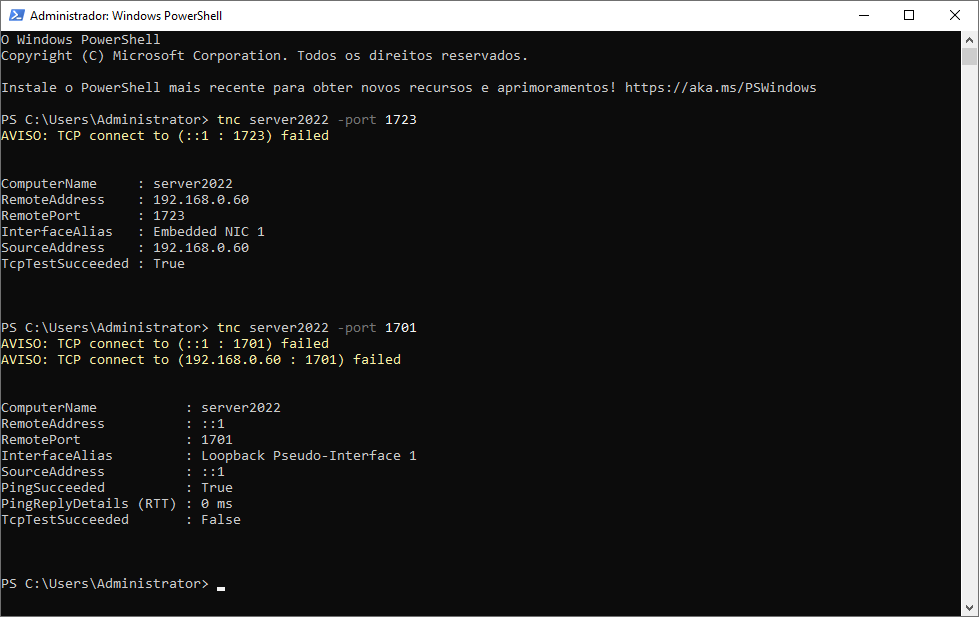 Conforme pode ver a porta que está aberta é a 1723. Enquanto a porta 1701 permanece inacessível.