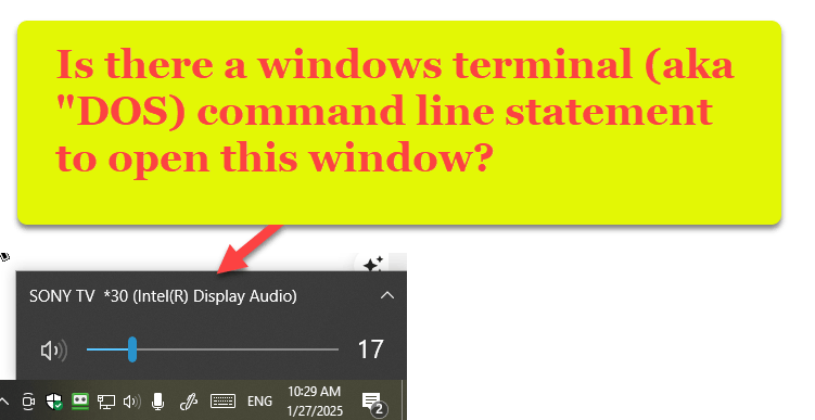 Cmd line to open window showing active sound device and active sound ...