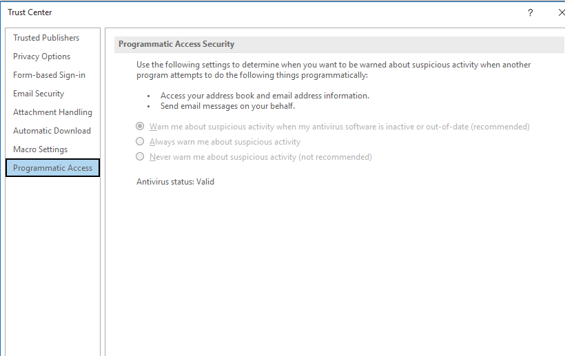 Unable to disbale the Programmatic access option on my outlook 2021 ...