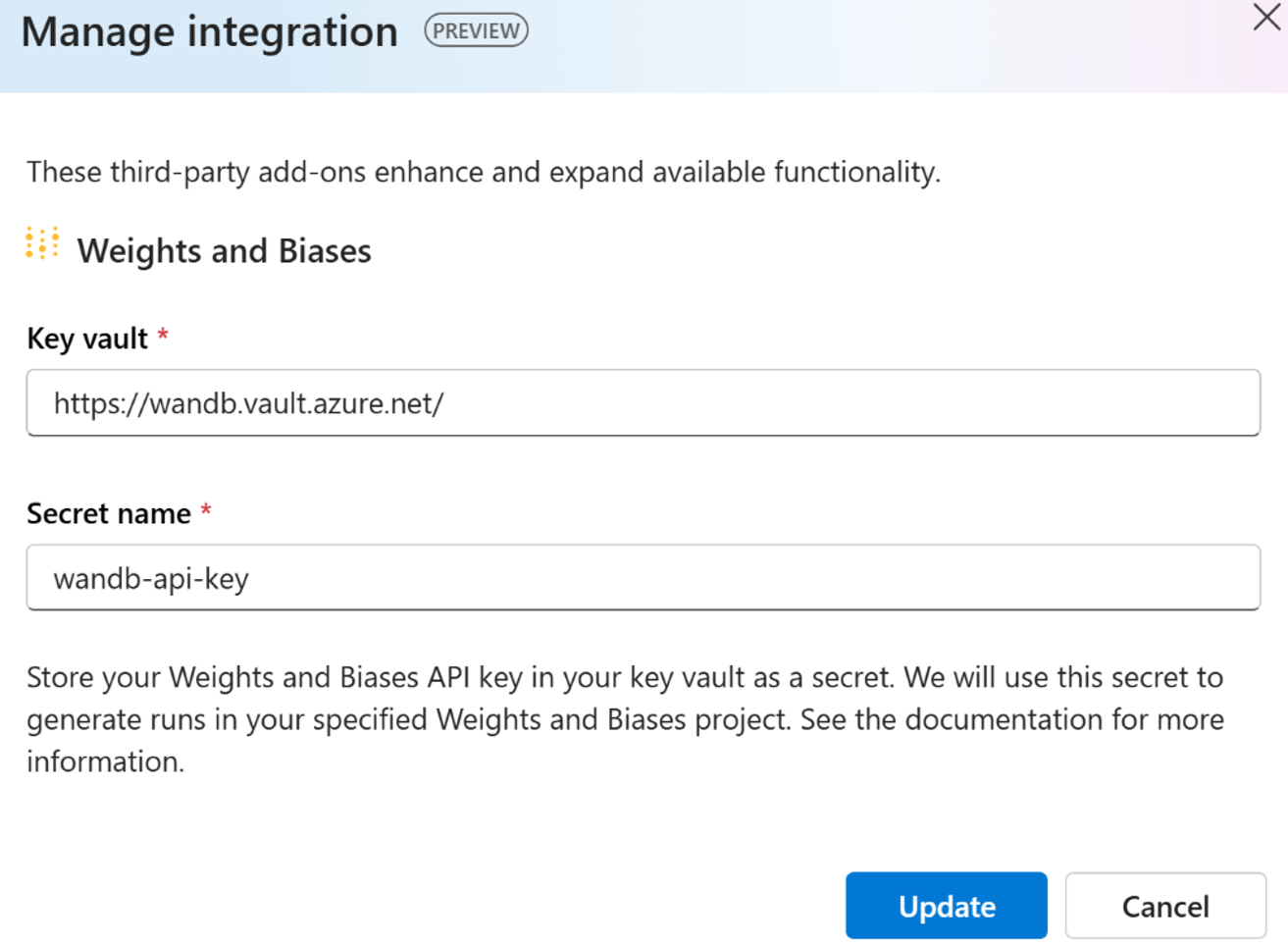 Screenshot of the manage integrations for Weights and Biases user experience.
