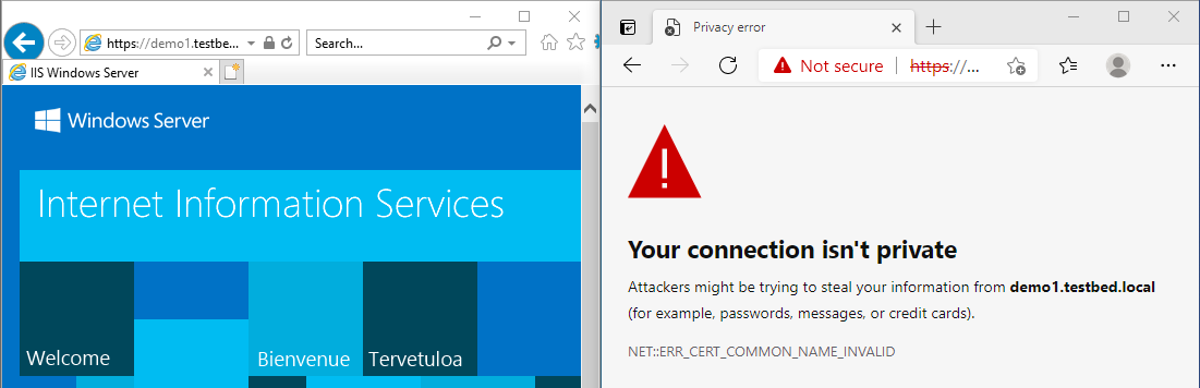 The IIS website is not secure on Edge Browser but the same site is