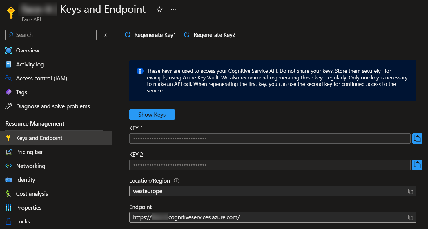 Screenshot of the Azure Portal, showing two keys