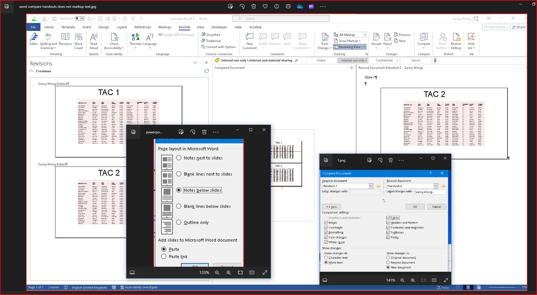 word compare handouts does not markup text