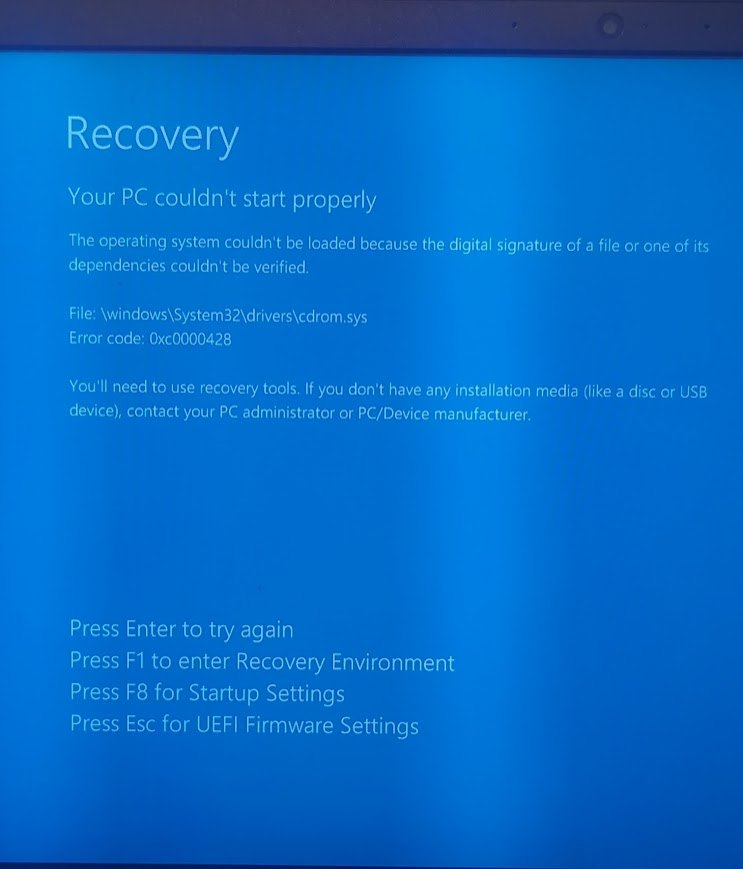 Blue screen recovery error 0xc0000428. Problem loading os on startup ...