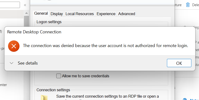How to resolve connection was denied because the user account is 