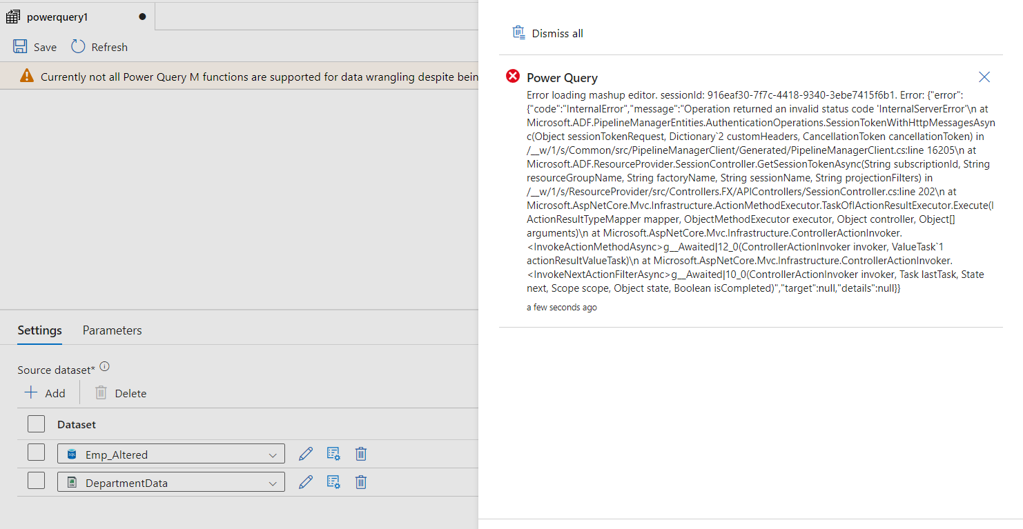 Azure Data Factory Power Query Error while selecting Data factory ...