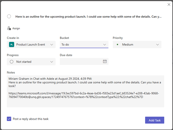 Screenshot showing creating the task in a plan and the details you can set.