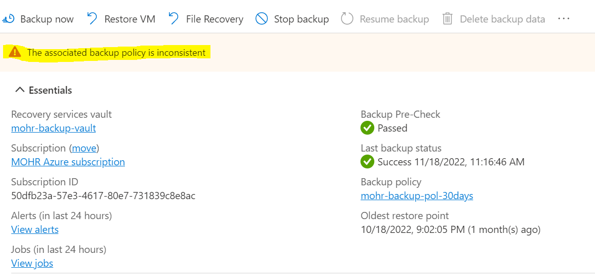 I am getting in the warning "The associated backup policy is