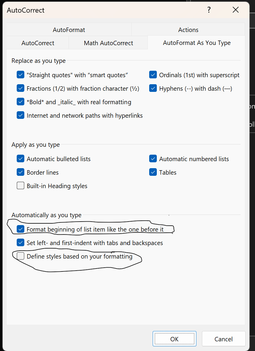What does format beginning of list items... and Define styles based on ...