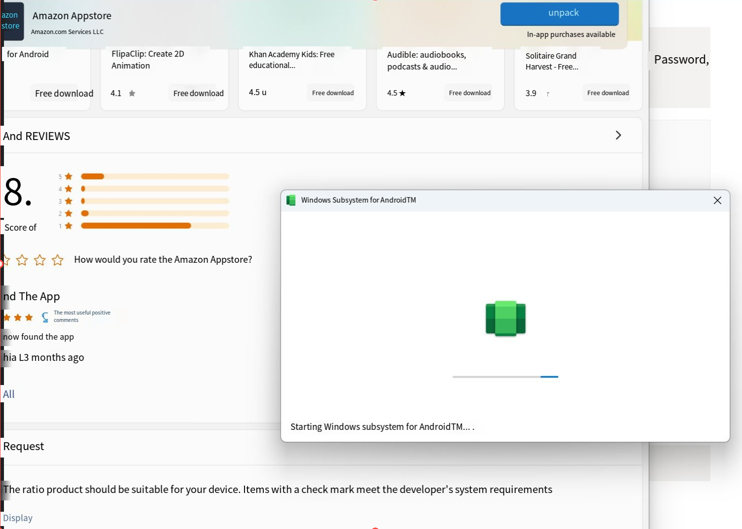 After opening the "Windows Subsystem for Android™", clicI tried ...