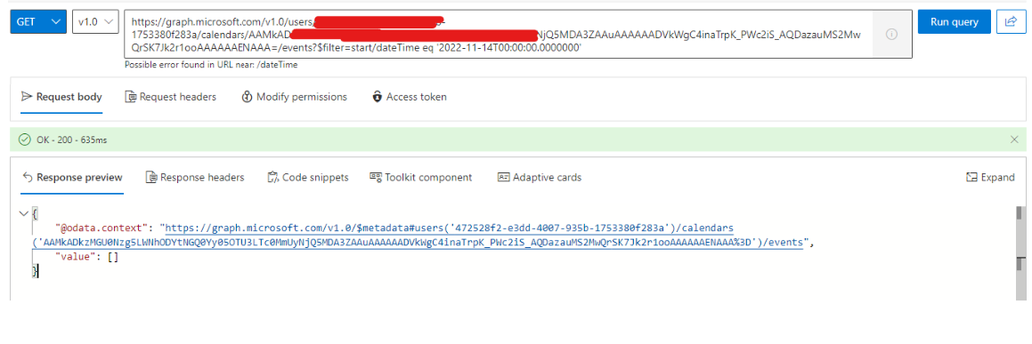 $filter don't work on start/Datetime from calendar events - Microsoft Q&A