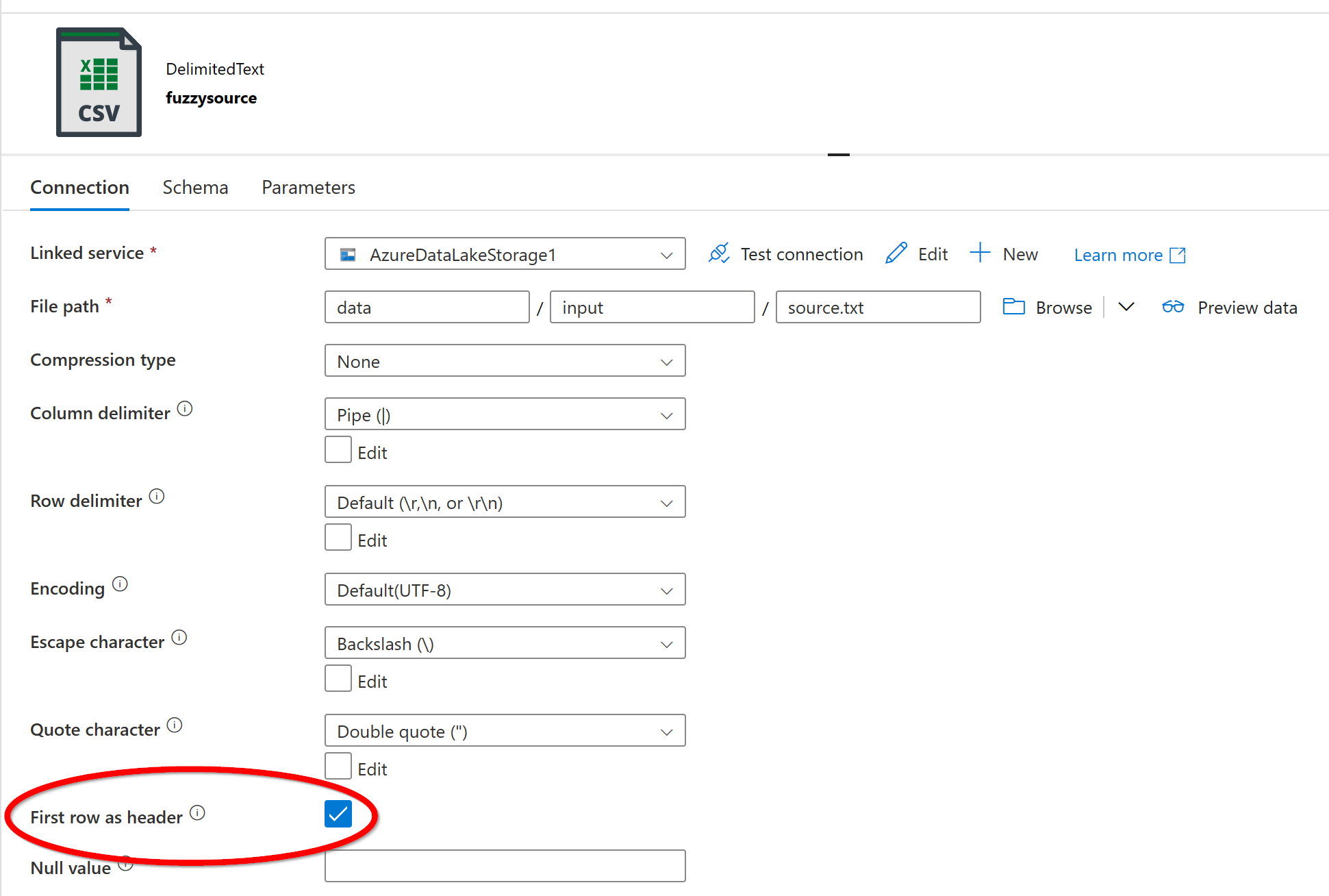 dataset row as header