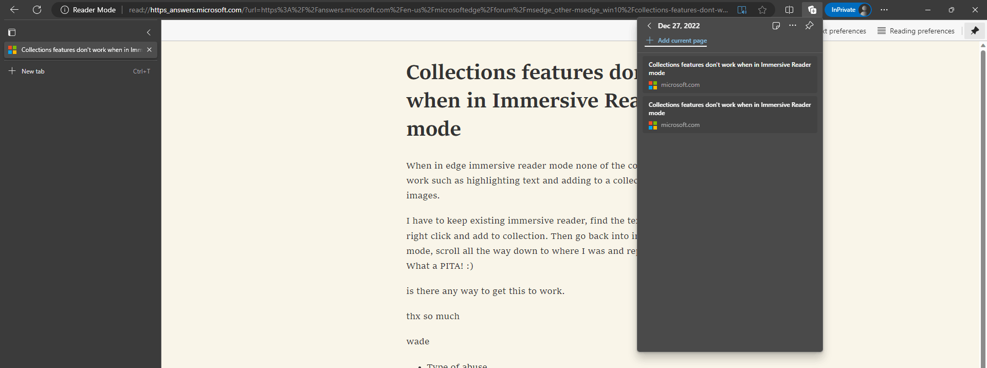 Collections features don't work when in Immersive Reader mode ...