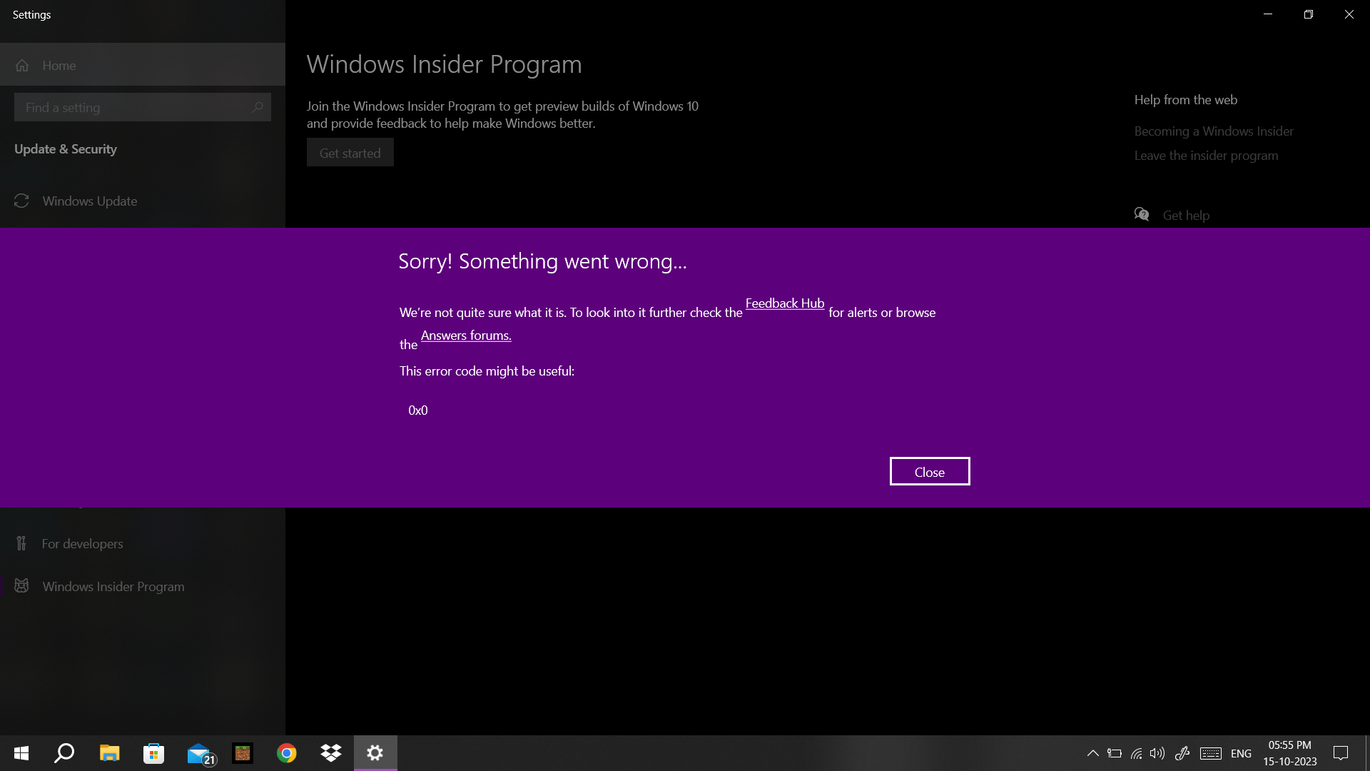 error 0x0 coming when trying to join the windows insider program ...