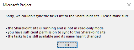 Microsoft Project plan and SharePoint Site Task List unable to Sync ...