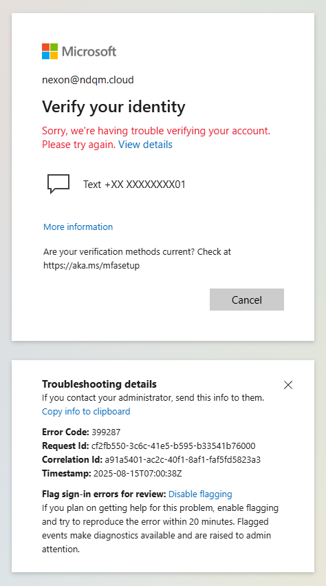 MFA SMS Error when login into Admin account - Microsoft Q&A