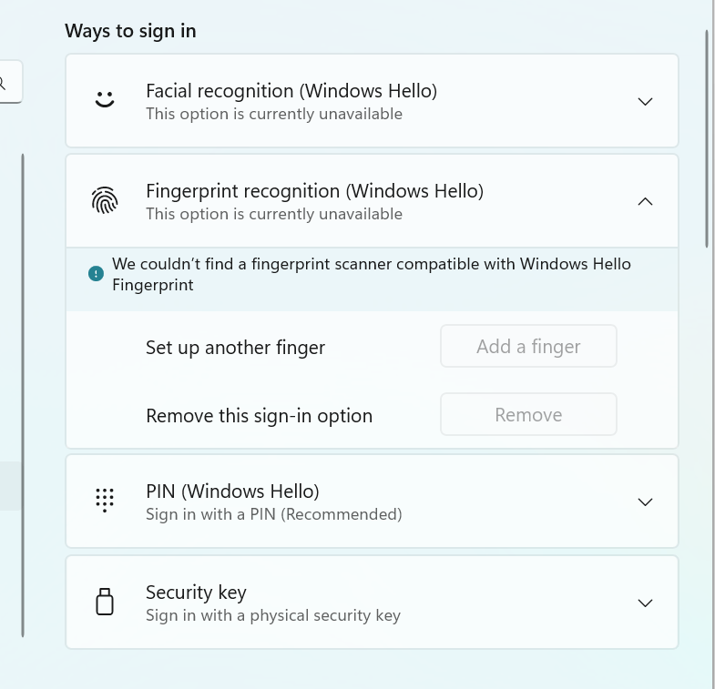 Why does Hello settings say that built in fingerprint reader not ...