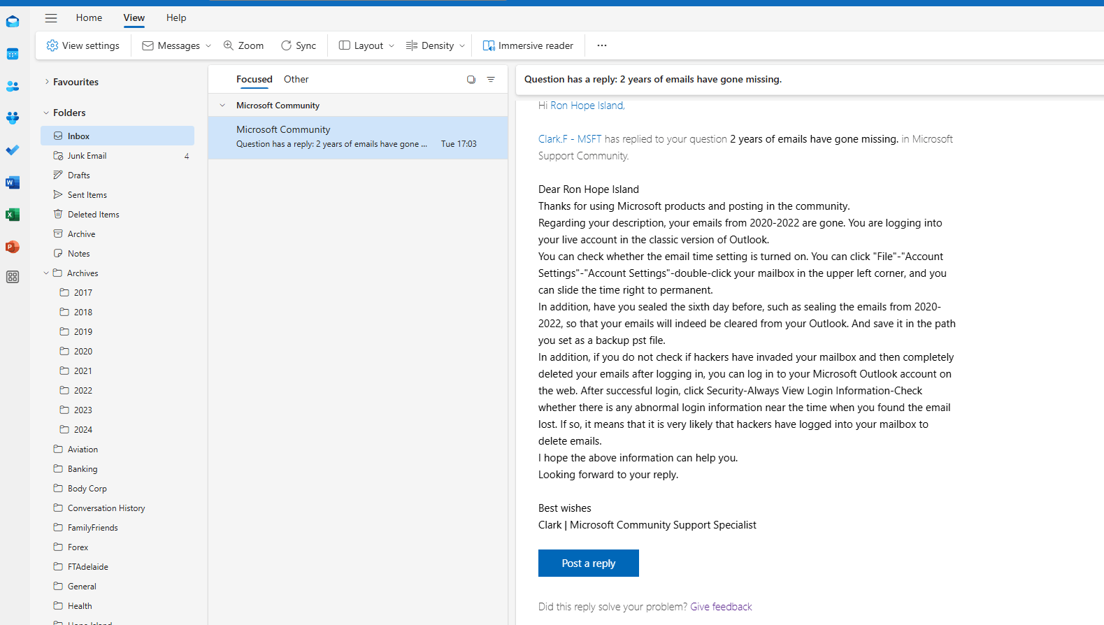 2 years of emails have gone missing. - Microsoft Q&A