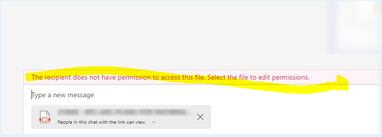 Teams displays "The recipient does not have permission to access this ...