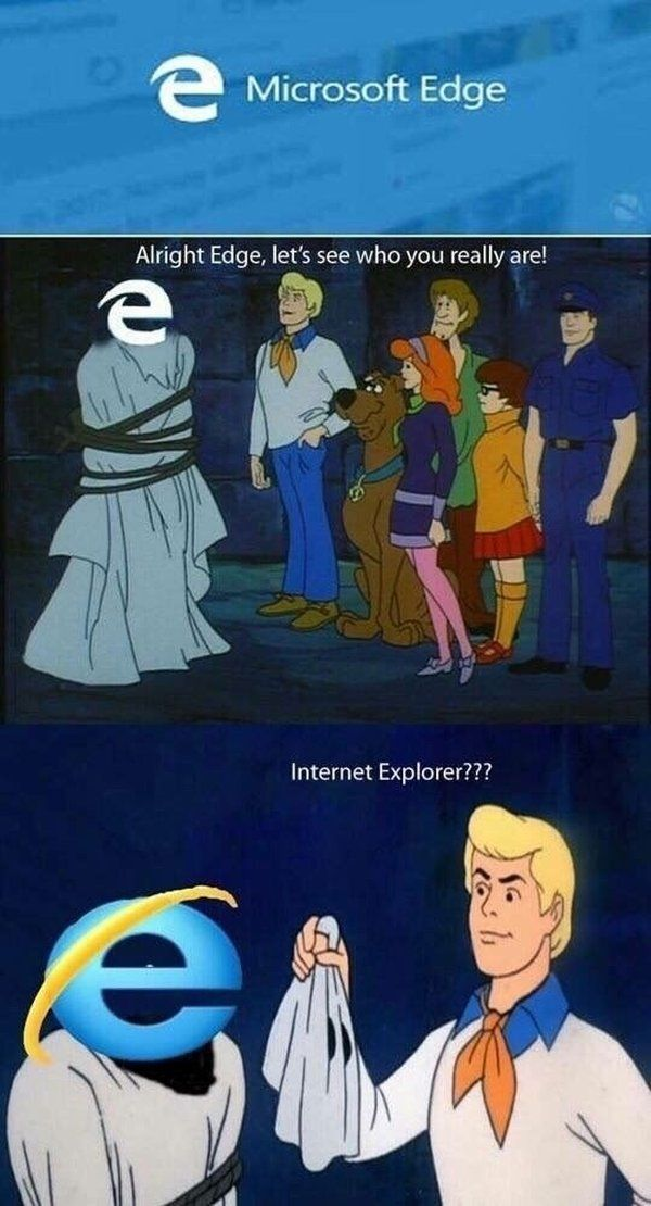 This may contain: cartoon characters are talking to each other in front of an animation screen with the caption internet explorer?