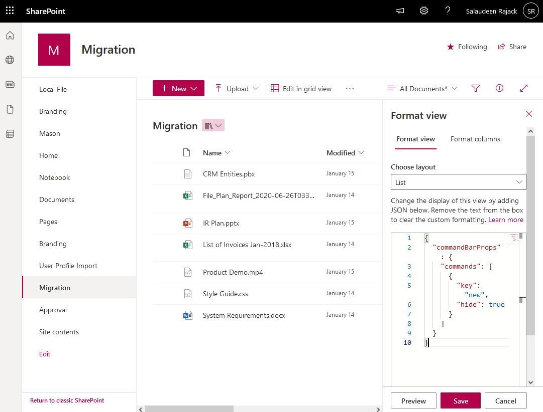 hide button in list toolbar sharepoint online