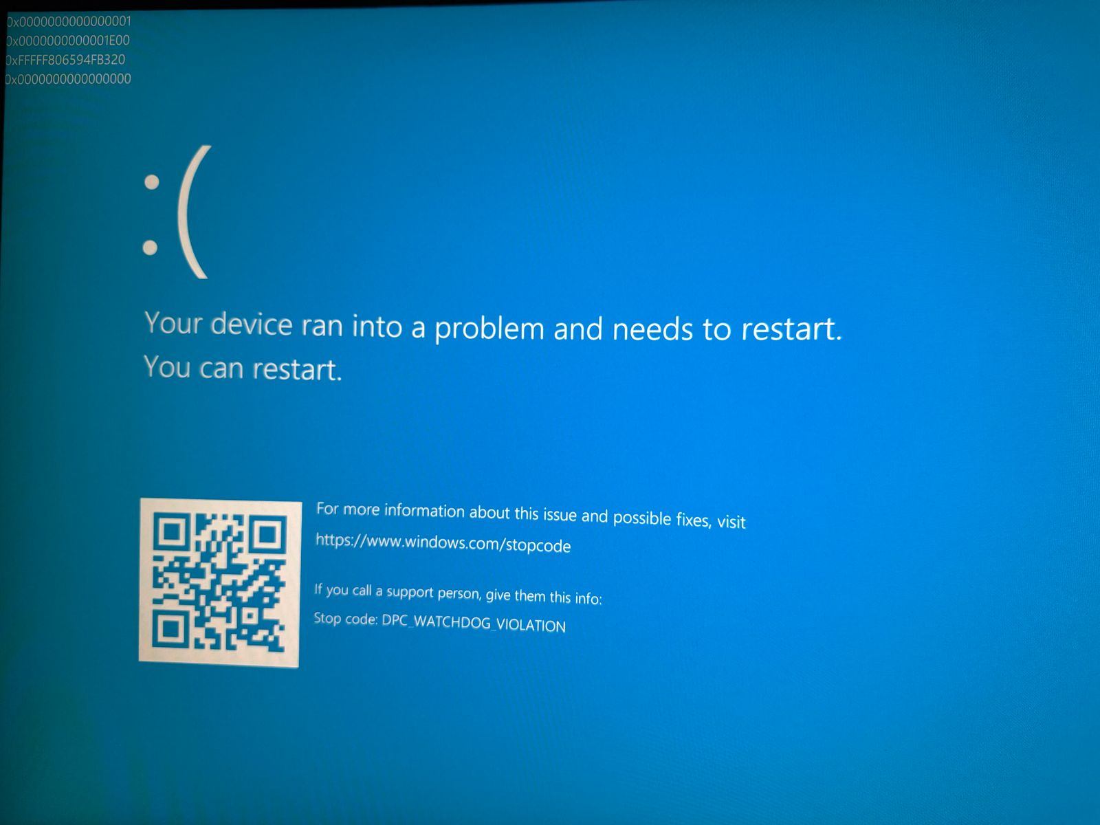 DPC WATCHDOG VIOLATION code error 0xfffff8000a8fb320 - Microsoft Q&A