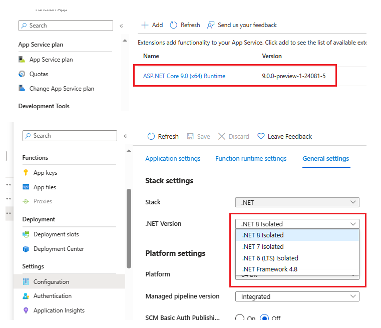 Azure Function .NET version selection screenshot