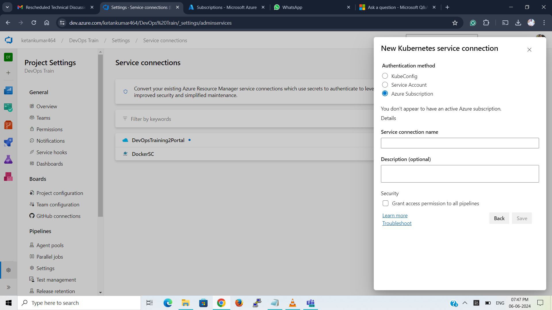 unable to create kubernetes service connection - Microsoft Q&A