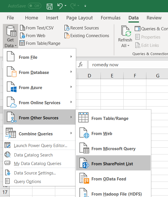 Missing 'Import Data from a File - Connect to a Sharepoint folder ...