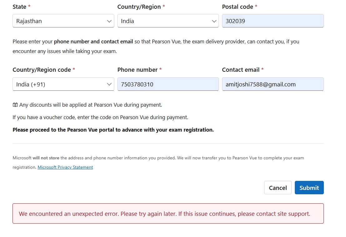 Pearson Vue error