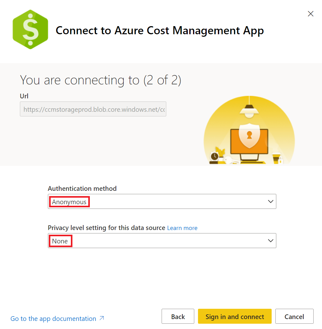 Screenshot shows the Connect to Cost Management App dialog box with Anonymous and None values entered.