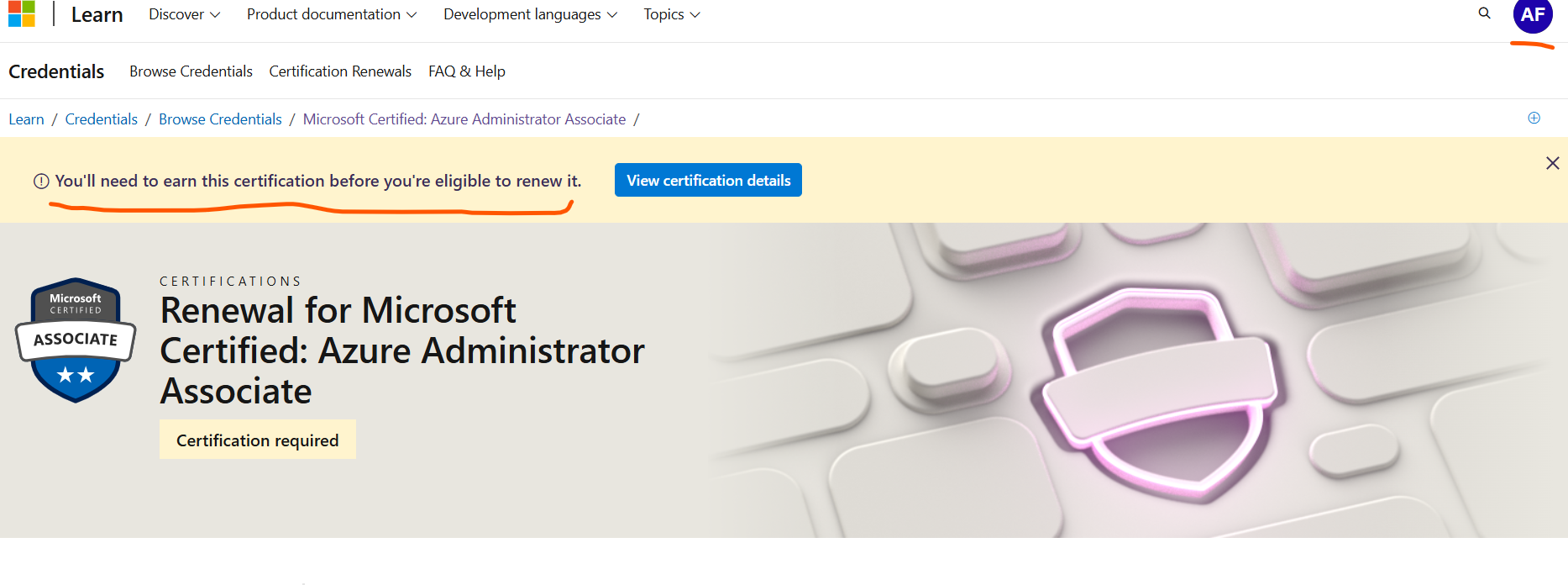 AZ 104 Certificate not showing in learn profile and unable to renew ...