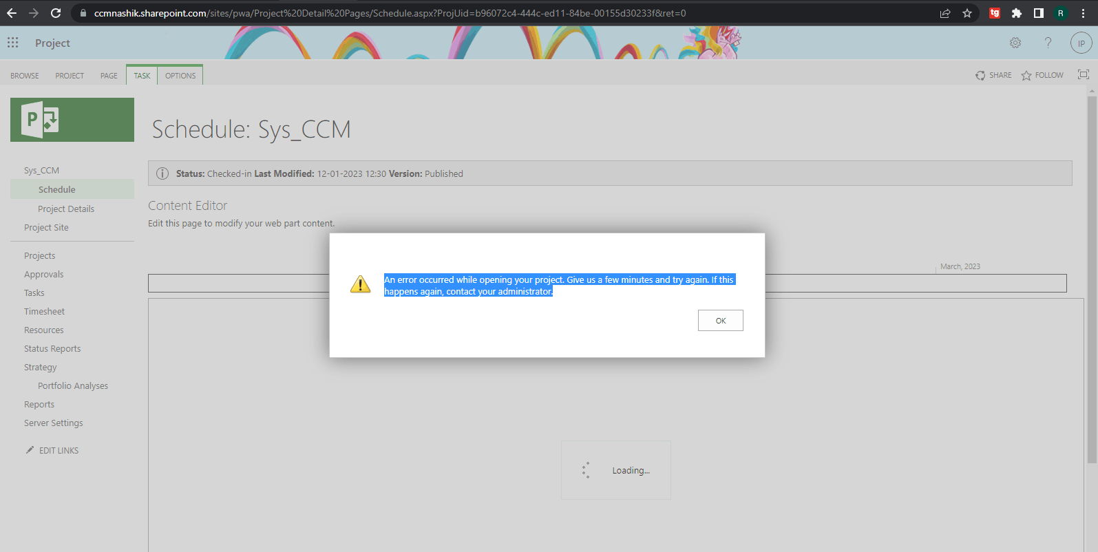 I am facing issue in web ms project plan showing errot 
