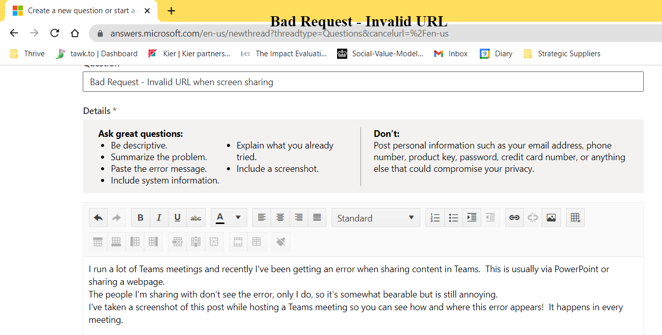 Bad Request - Invalid URL when screen sharing - Microsoft Q&A