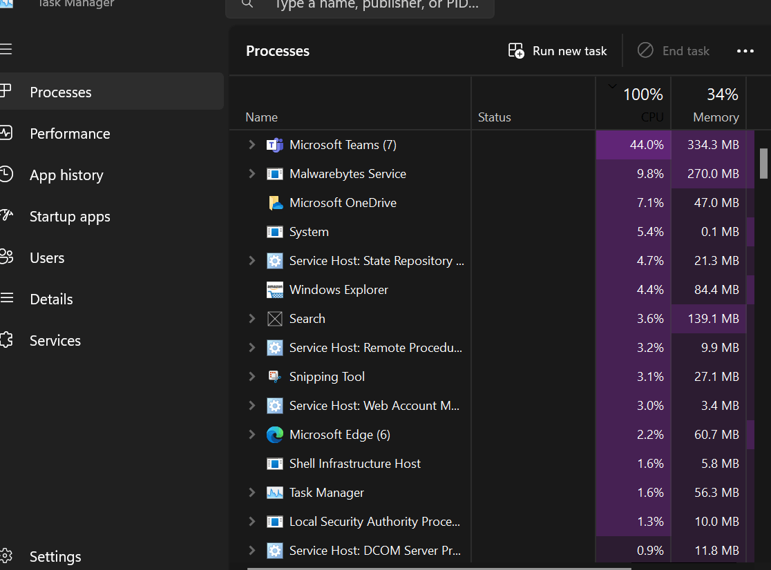 High cpu percentage on task manager - Microsoft Q&A