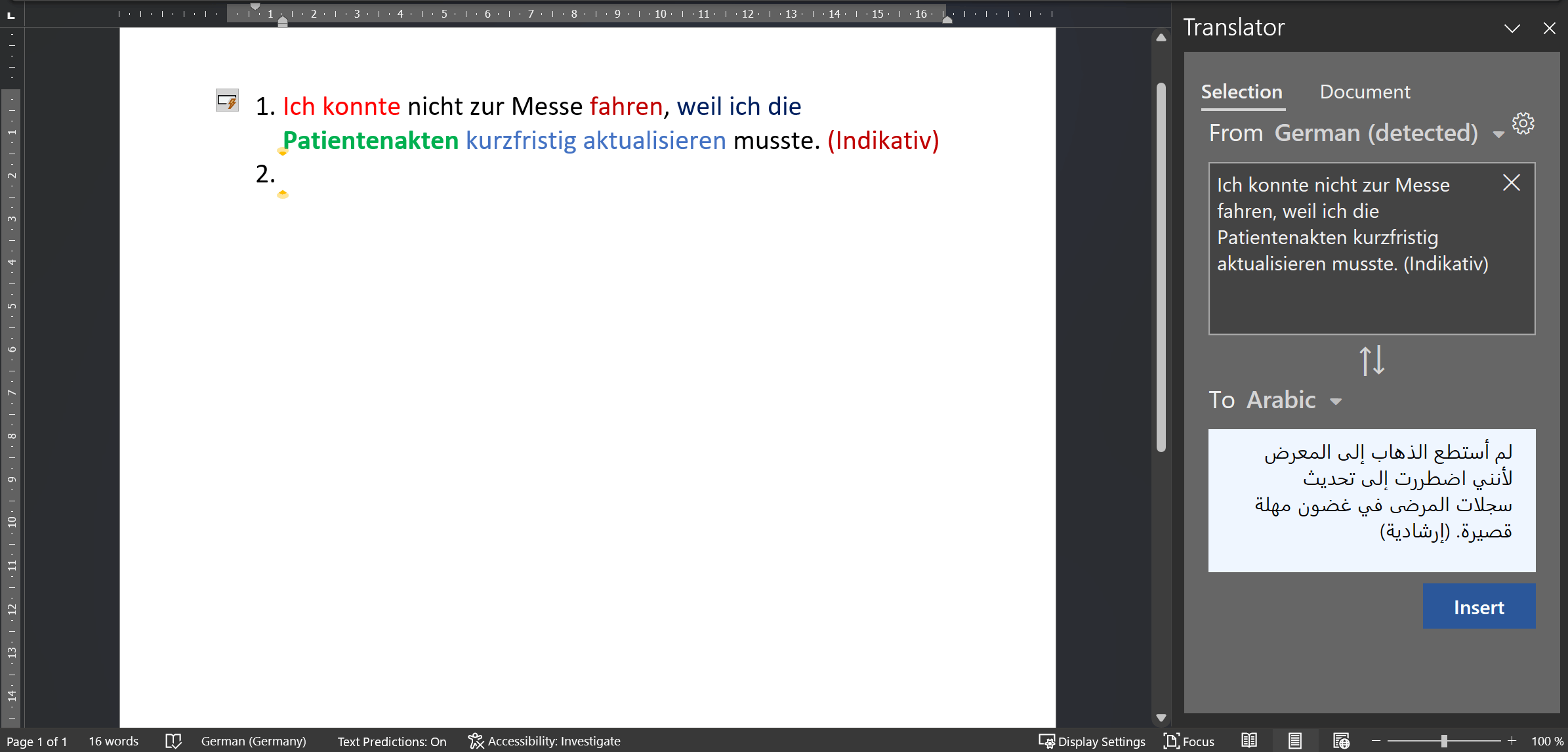 Insert translated text into the Document as a past action in word 356 ...