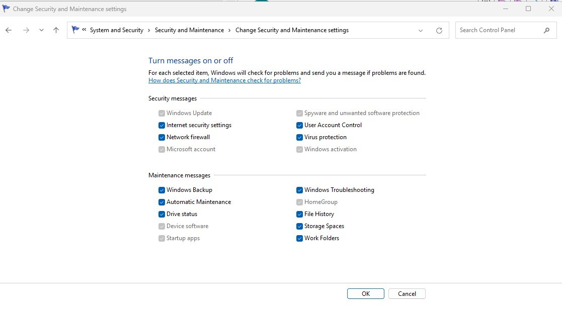 Security and Maintenace options are greyed out. - Microsoft Q&A