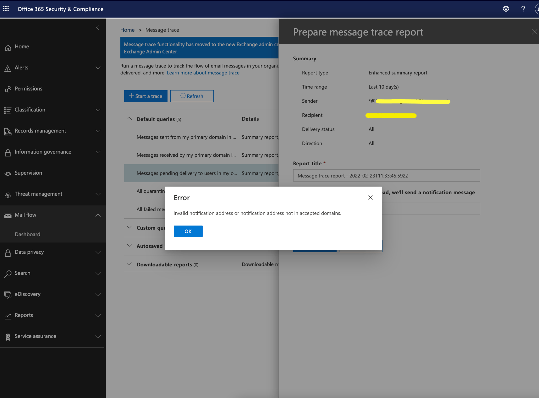Message Trace Fails - Invalid Notification Address - Microsoft Q&A