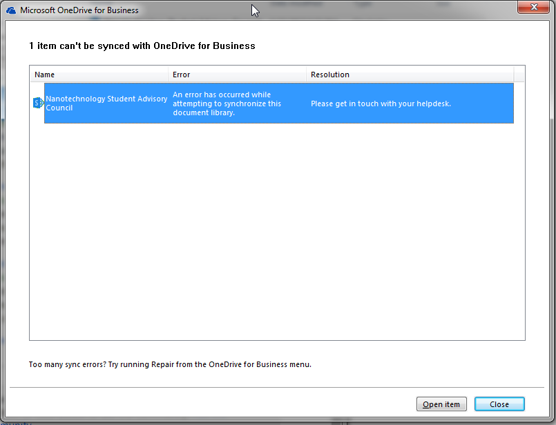 syncing shared folder causes "An error has occurred while attempting to ...
