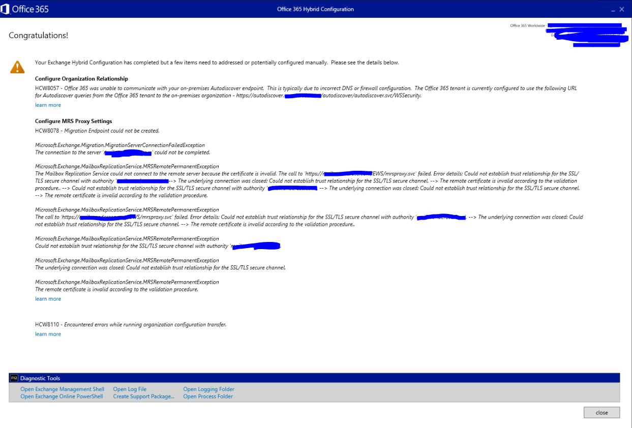 Office 365 Hybrid Configuration - The connection to the server 'xxxxxx ...