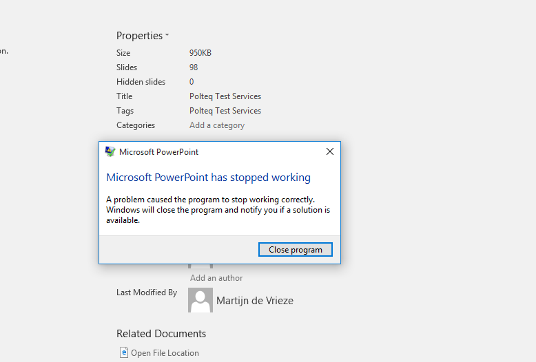 Powerpoint 2016 on Win10 crashes the moment I go to the 