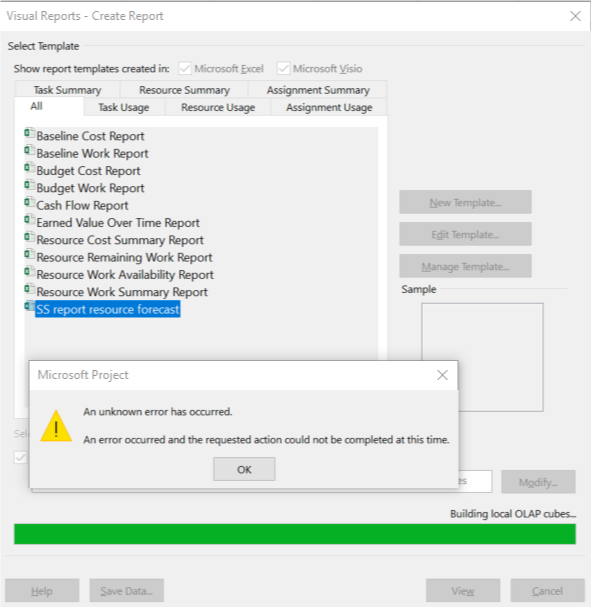 MSProject professional 2016 - Unable to create Visual reports following ...
